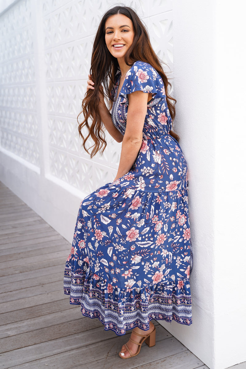 The Cora Maxi Dress - Floral Indigo